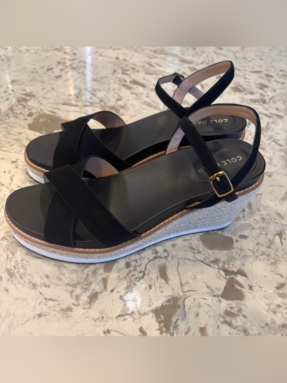 Cole Haan Black Espadrille Platform Wedge Sandals